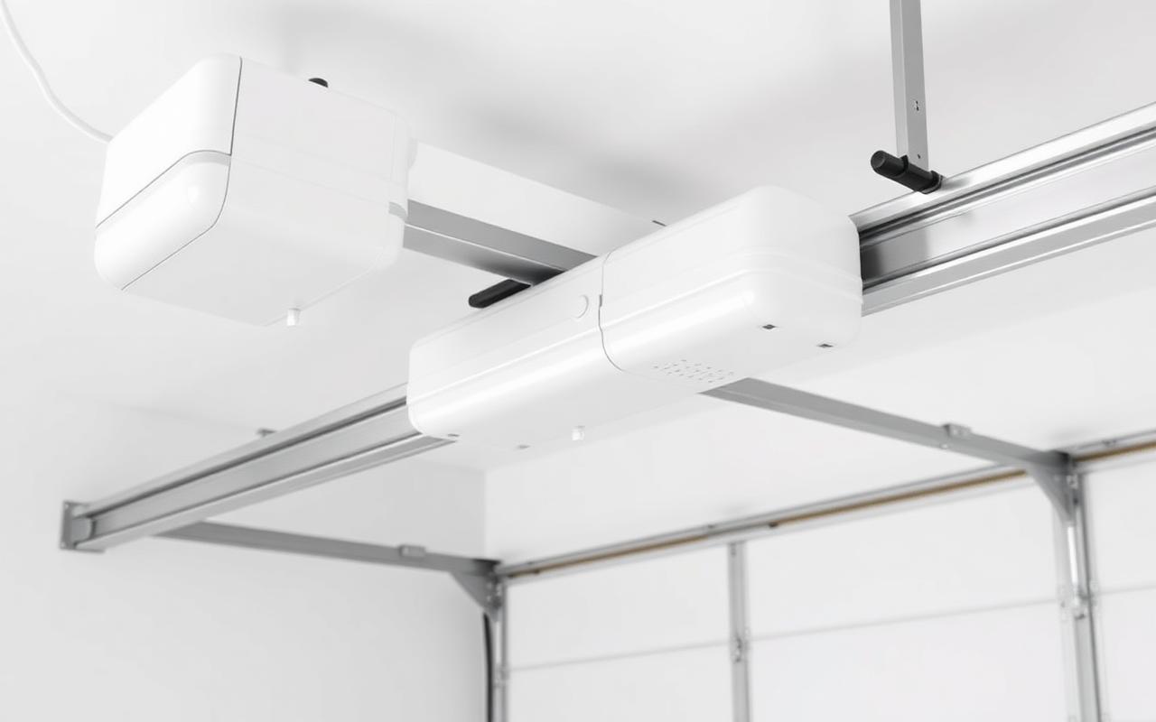Garage door opener motor unit mounted on a residential garage ceiling in Monroe, NC